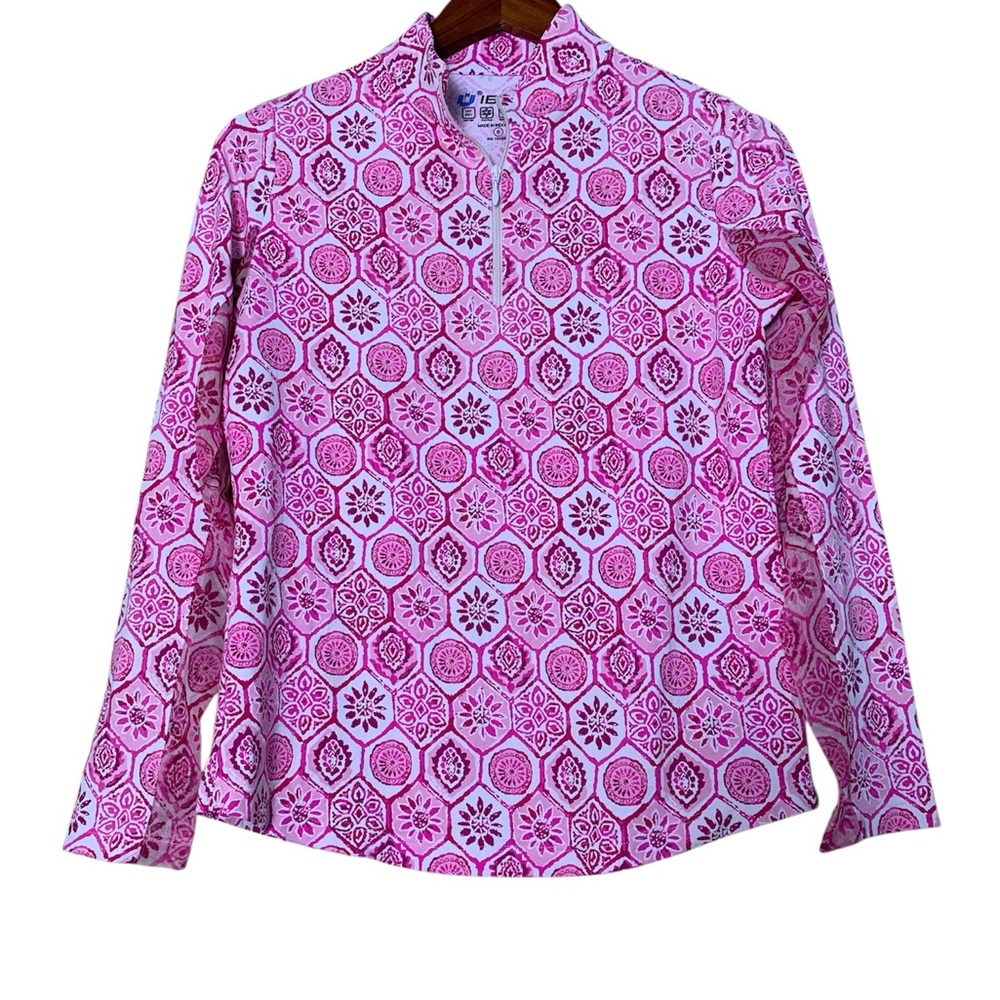 IBKUL Quarter Zip Pullover Women S Pink Geometric UPF 50 Long Sleeve Top - Picture 3 of 5